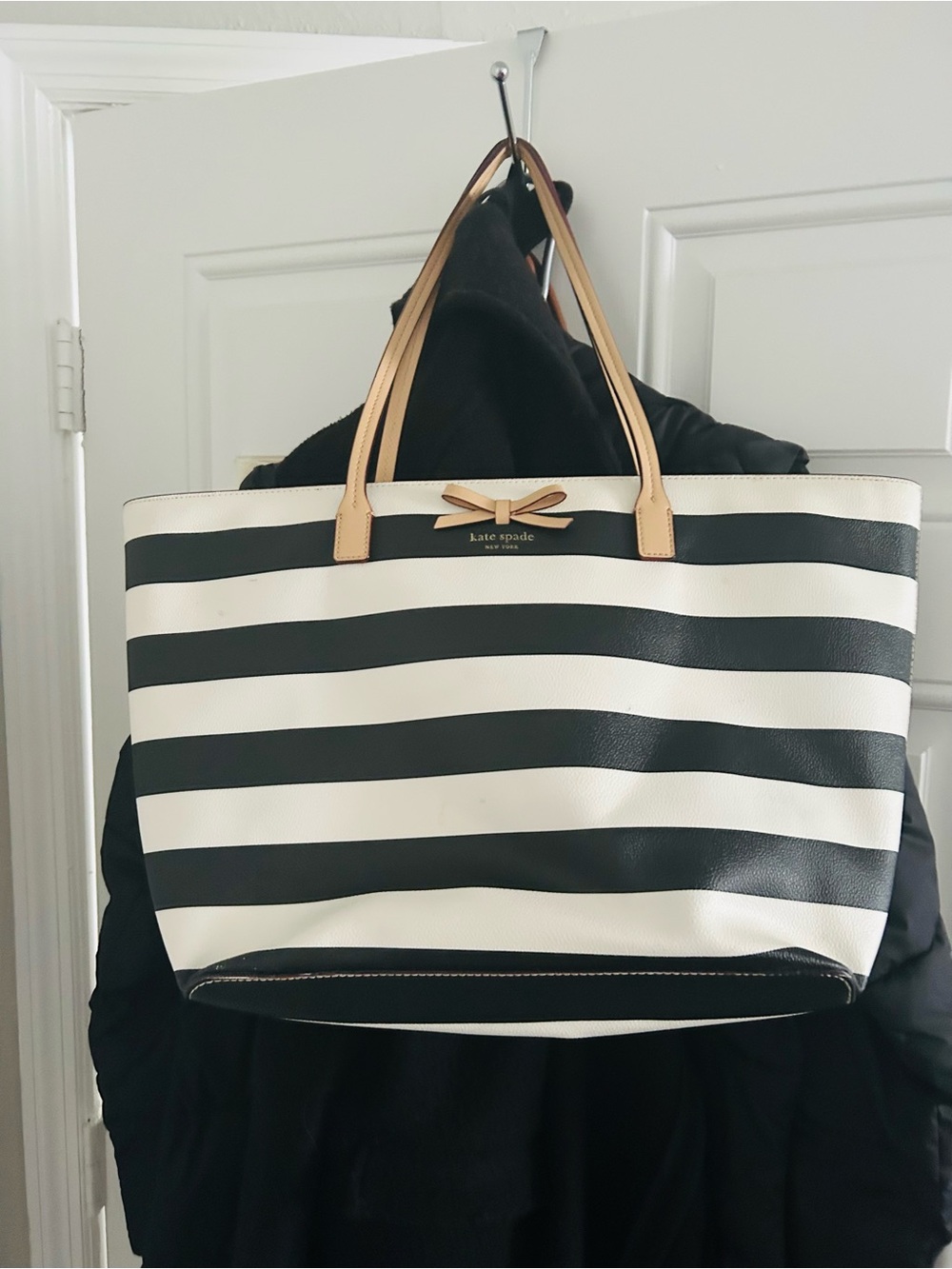 Kate Spade Black and White Striped Tote with Tan Handles